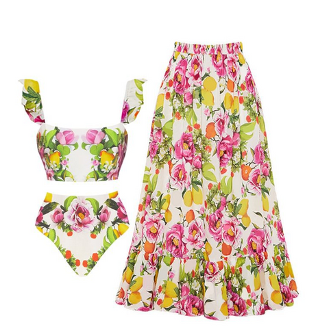 Floral Tankini & Umbrella Skirt Swimwear Set