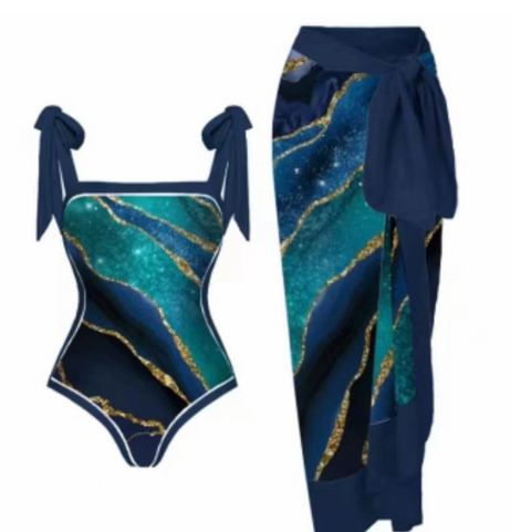 Printed One-piece Swimwear & Chiffon Skirt