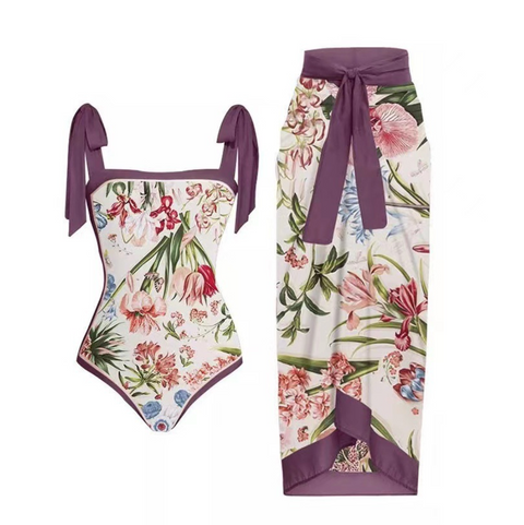 Printed One-piece Swimwear & Chiffon Skirt