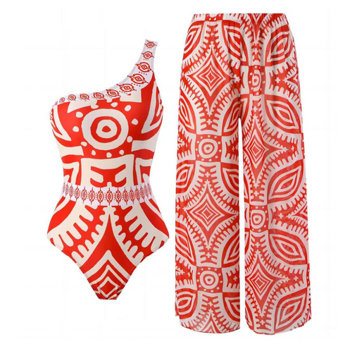 Printed One-piece Swimwear & Chiffon Skirt