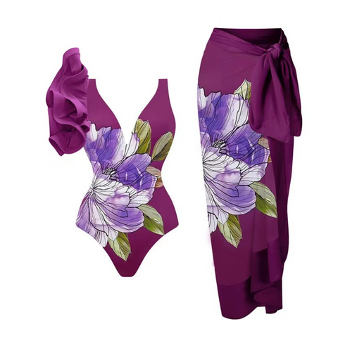 Printed One-piece Swimwear & Chiffon Skirt