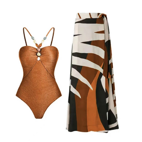Printed One-piece Swimwear & Chiffon Skirt