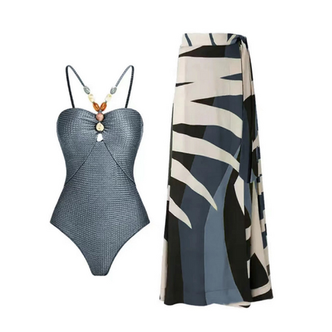 Printed One-piece Swimwear & Chiffon Skirt