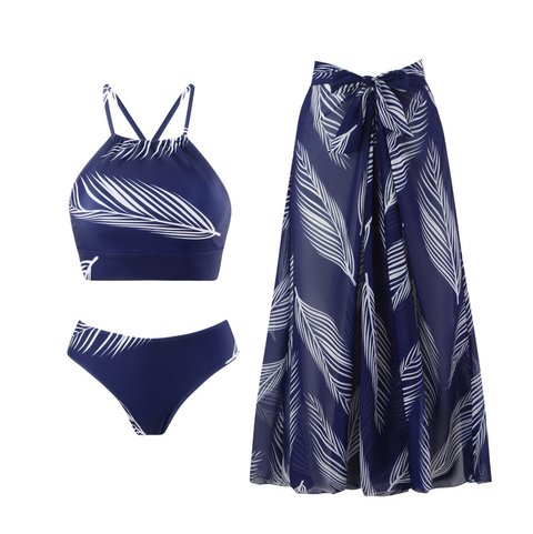 Printed Tankini & Chiffon Skirt Swimsuit Set