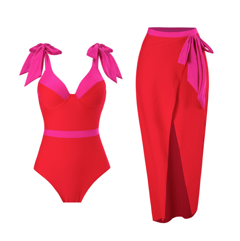 Printed Tankini & Chiffon Skirt Swimsuit Set