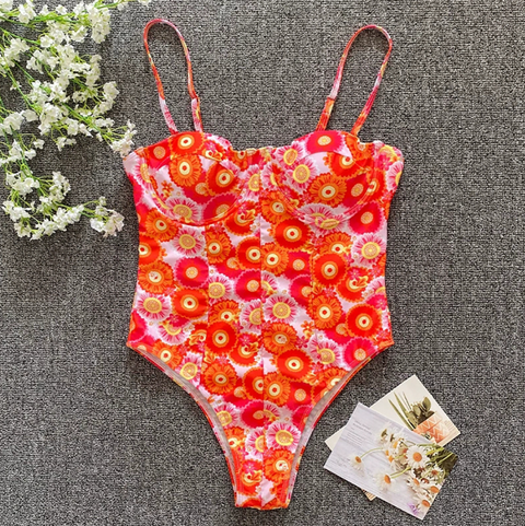 Printed Hollowed One-piece Slip Swimwear