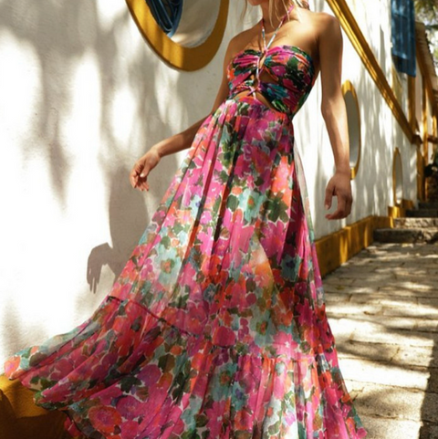 Halter Printed Swimwear & Umbrella Skirt