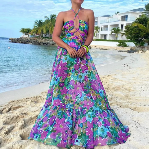 Purple Floral Printed Swimwear & Cardigan