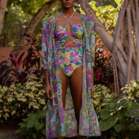 Purple Floral Printed Swimwear & Cardigan