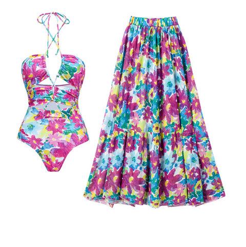 Purple Floral Printed Swimwear & Cardigan