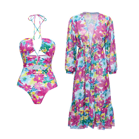 Purple Floral Printed Swimwear & Cardigan