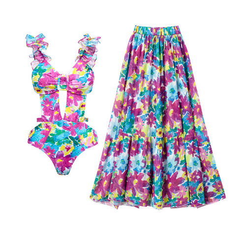 Purple Floral Printed Swimwear & Cardigan