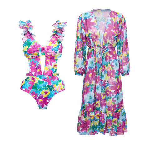 Purple Floral Printed Swimwear & Cardigan