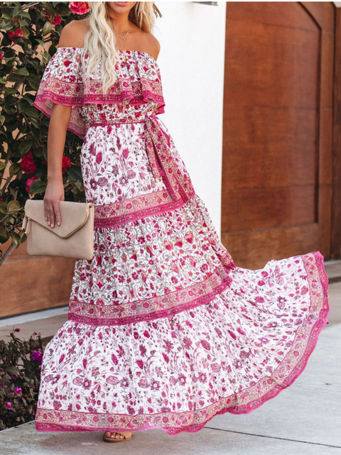 Off-shoulder Floral Printed Beach Dress