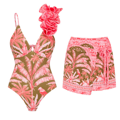 Ruffled Floral Slip Swimwear & Skirt 2Pcs