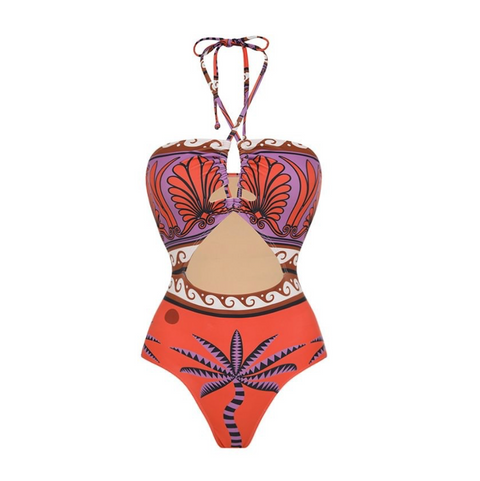 Hollowed Printed Halter Swimwear & Skirt