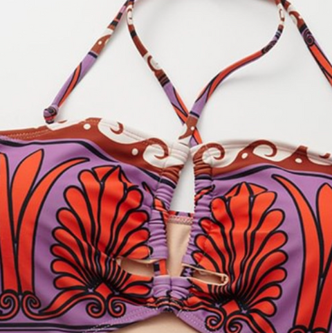 Hollowed Printed Halter Swimwear & Skirt