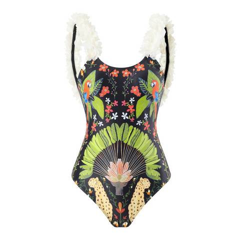 Ruffled Strap Swimwear & Skirt Printed 2Pcs