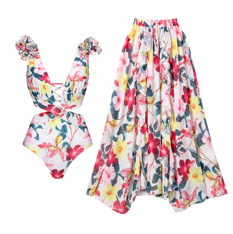 3D Flower Printed Swimwear & Umbrella Skirt