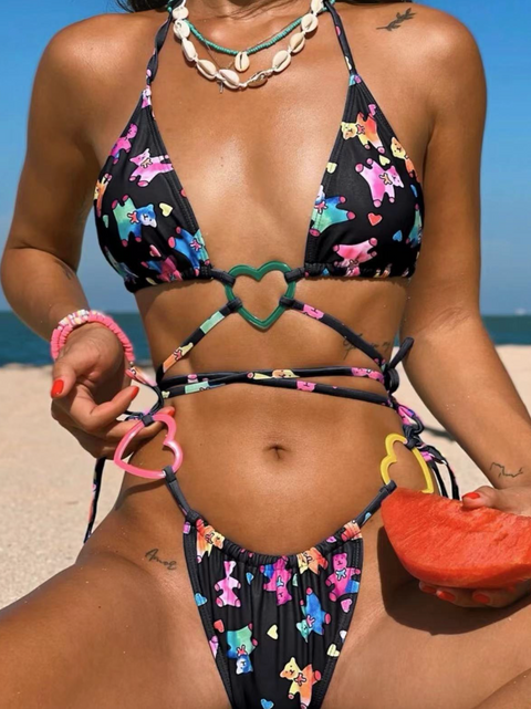 Chic Lace-up Cartoon Printed Bikini