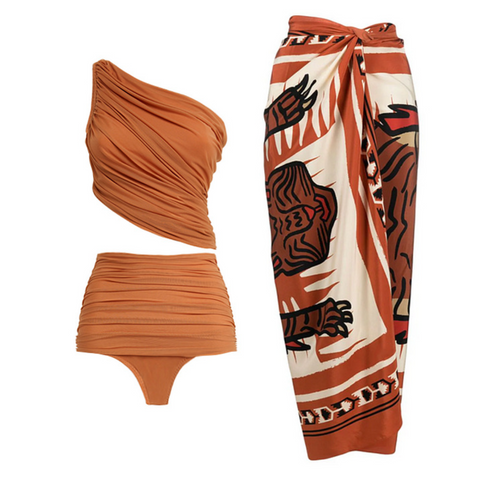 Ruffled Mesh Swimwear & Printed Skirt