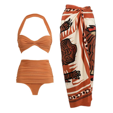 Ruffled Mesh Swimwear & Printed Skirt