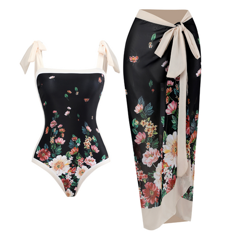 Pattern Printed Swimwear & Chiffon Skirt