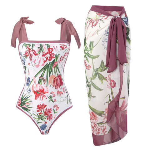 Pattern Printed Swimwear & Chiffon Skirt