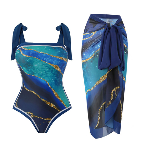Pattern Printed Swimwear & Chiffon Skirt