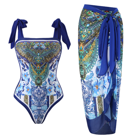 Pattern Printed Swimwear & Chiffon Skirt
