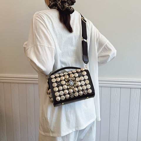 Button & Rhinestone Studded Crossbody Bag