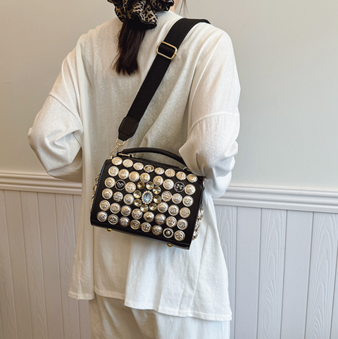 Button & Rhinestone Studded Crossbody Bag