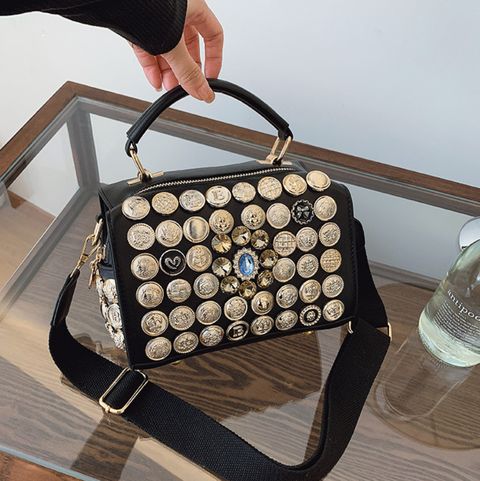 Button & Rhinestone Studded Crossbody Bag