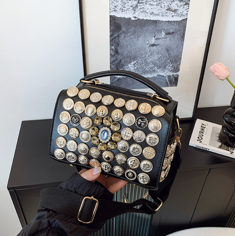 Button & Rhinestone Studded Crossbody Bag