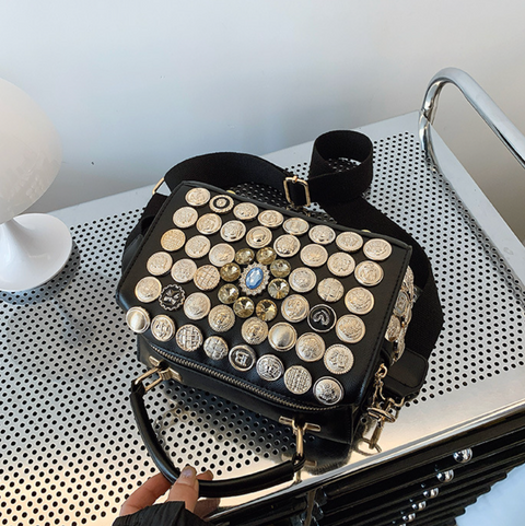Button & Rhinestone Studded Crossbody Bag