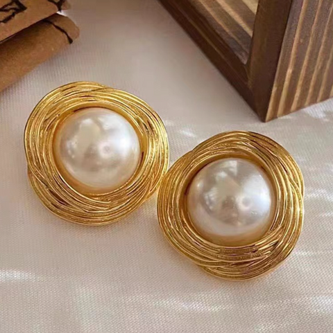 Electroplated Geometric Pearl Stud Earrings