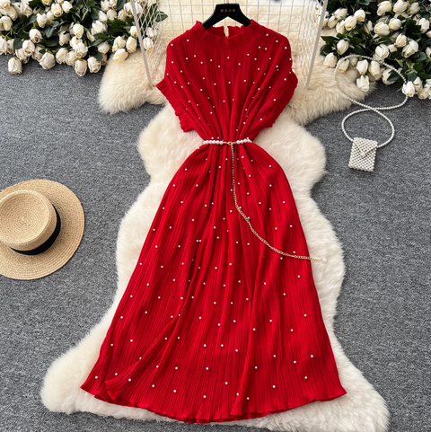 Premium Beaded Lace-up Pleated Dress