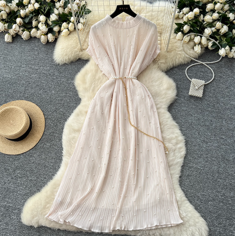 Premium Beaded Lace-up Pleated Dress