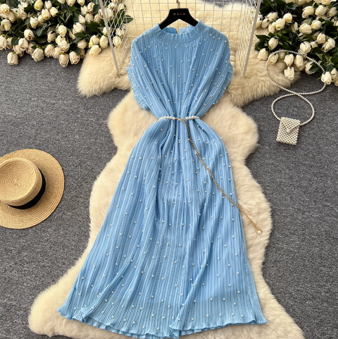 Premium Beaded Lace-up Pleated Dress
