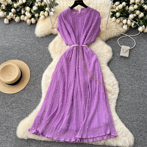 Premium Beaded Lace-up Pleated Dress