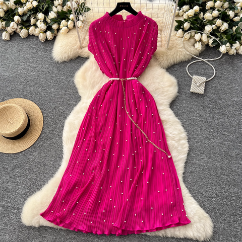 Premium Beaded Lace-up Pleated Dress