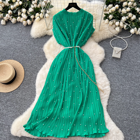 Premium Beaded Lace-up Pleated Dress