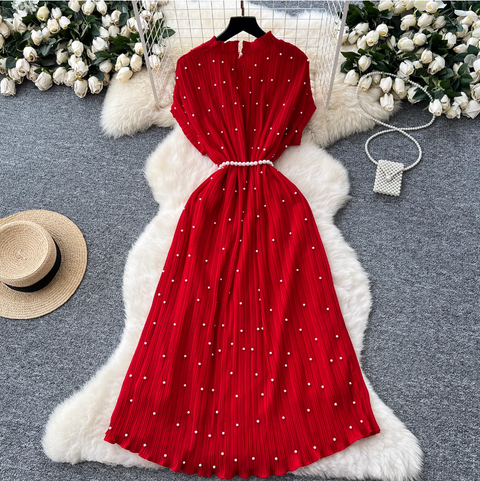 Premium Beaded Lace-up Pleated Dress