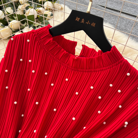 Premium Beaded Lace-up Pleated Dress