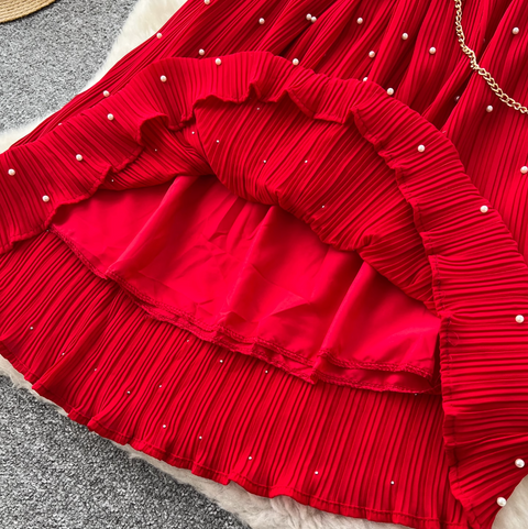 Premium Beaded Lace-up Pleated Dress