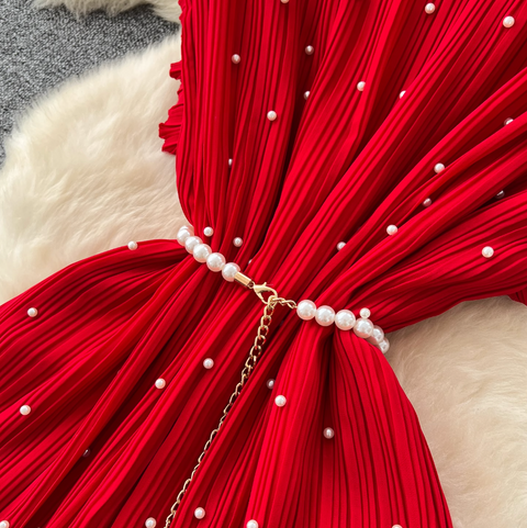 Premium Beaded Lace-up Pleated Dress