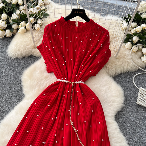 Premium Beaded Lace-up Pleated Dress