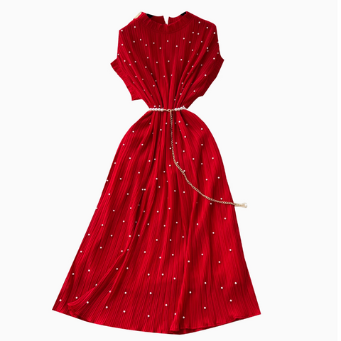 Premium Beaded Lace-up Pleated Dress