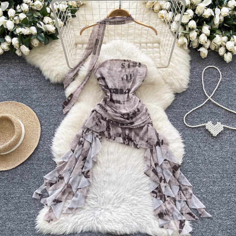 Irregular Design Monogrammed Printed Bustier Dress