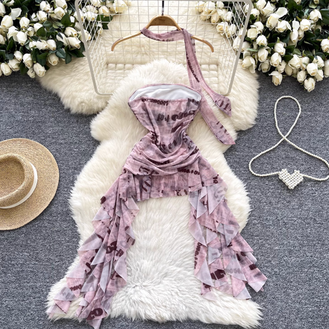 Irregular Design Monogrammed Printed Bustier Dress